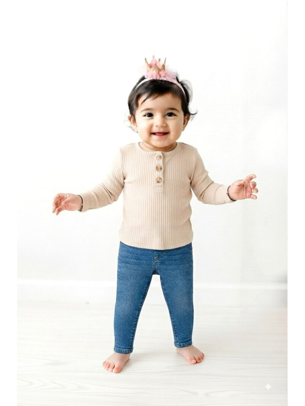 Little Lass Baby Girls Tan Ribbed Henley Top sz 12 Months